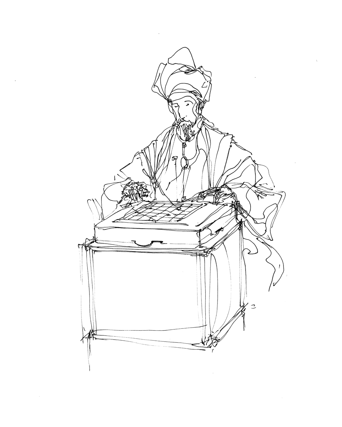 Hand-drawn illustration of the Mechanical Turk chess automaton